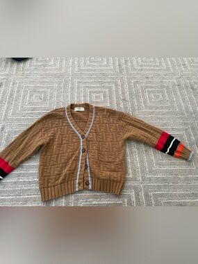 Fendi Brown Cardigan with Multicolor Stripe Cuffs